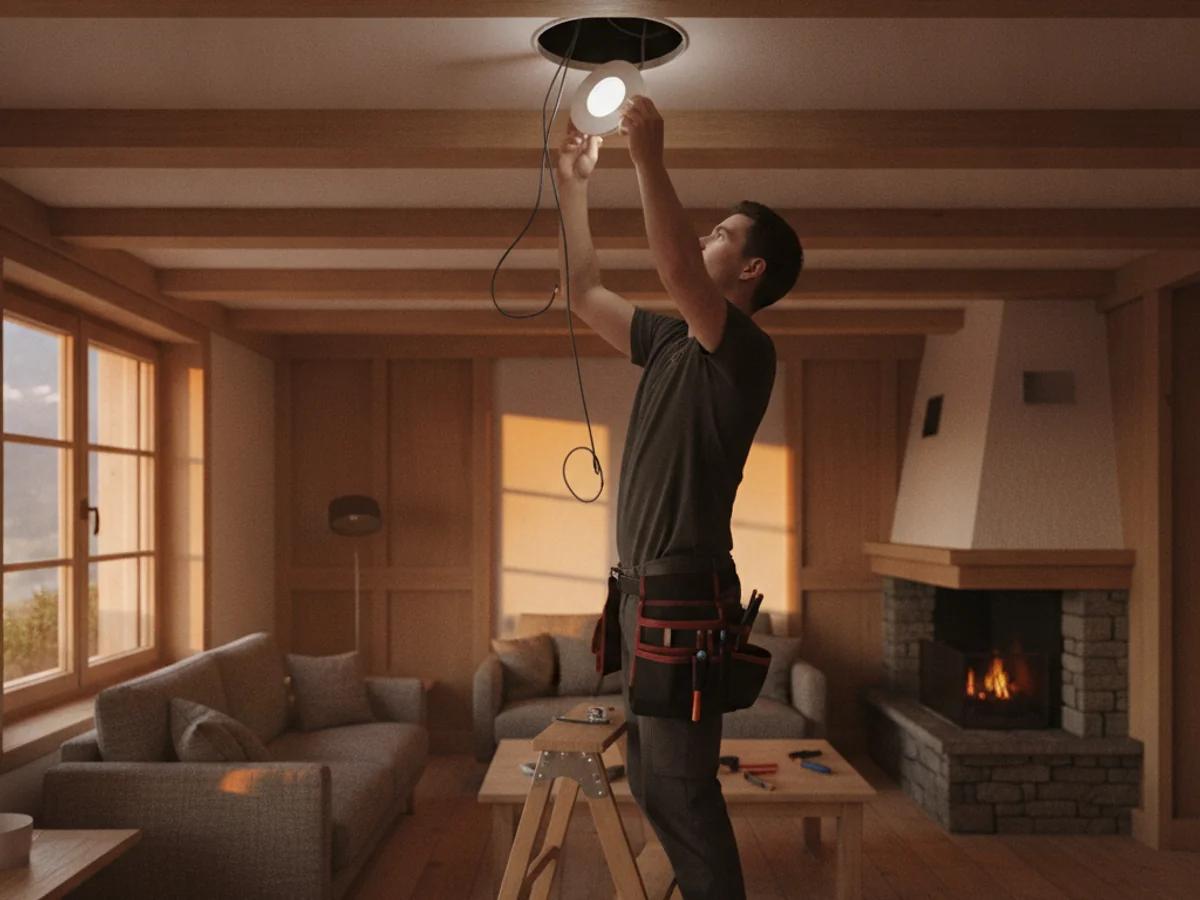 Électricien installant des spots LED dans un plafond à Sierre